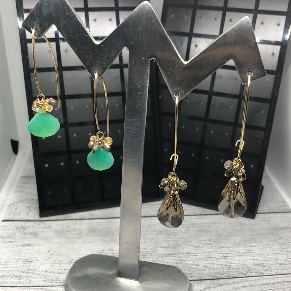 Bundle 2 stone and crystal trendy statement long wire hook earrings dangle drop.